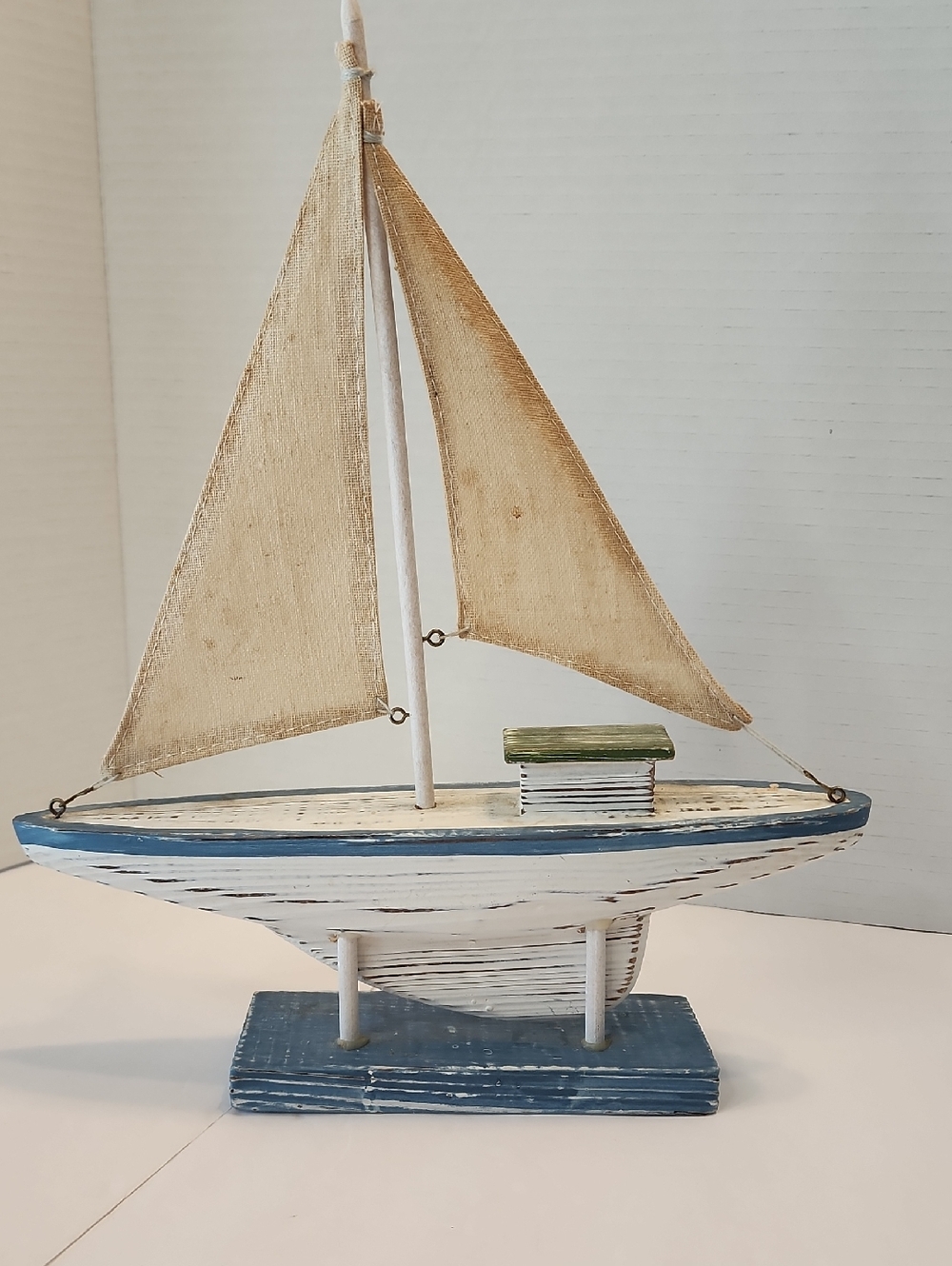 Wooden Sailboat Coastal Decor in White, Blue & Natural Colors W/Real Cloth Sails